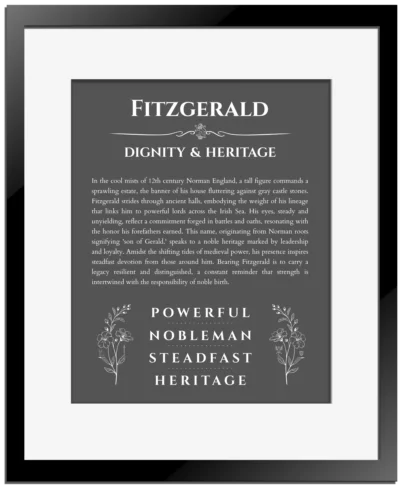 Fitzgerald personalized name meaning print in gray with black matte frame