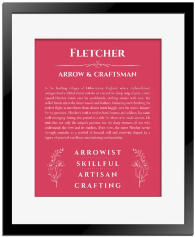 Fletcher personalized name art with origin story in red with black matte frame