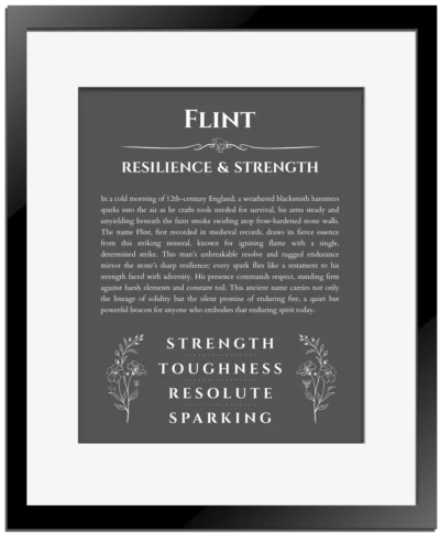 Flint custom name print for wall display in gray with black matte frame