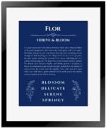 Flor name origin print with meaning and traits in deep blue with black matte frame