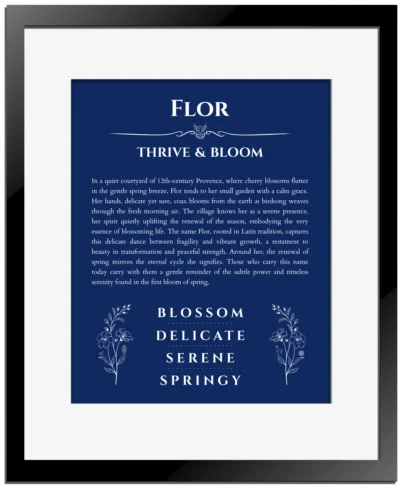 Flor name origin print with meaning and traits in deep blue with black matte frame