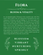 Flora personalized name print with origin and traits in dark green