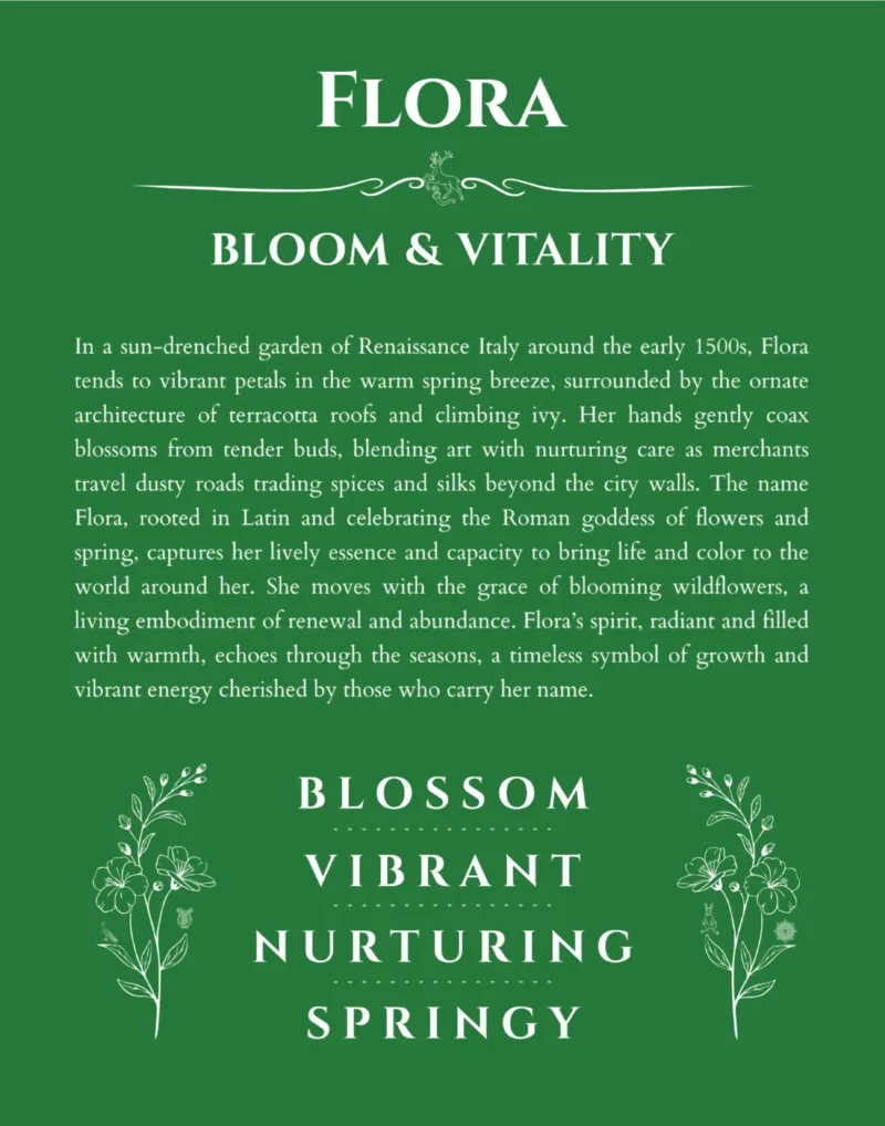 Flora personalized name print with origin and traits in dark green