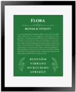 Flora personalized name print with origin and traits in dark green with black matte frame