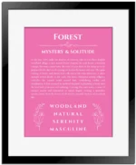 Forest personalized wall art with the story of your name in pink with black matte frame