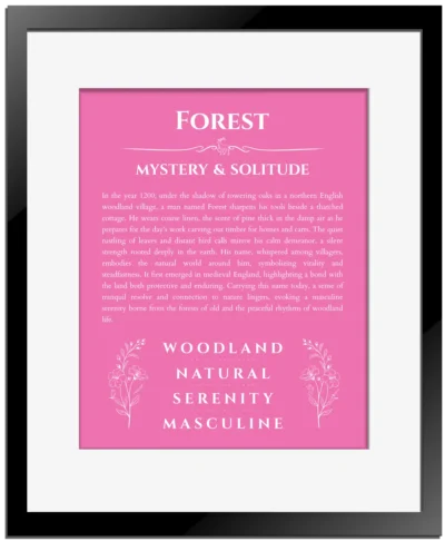 Forest personalized wall art with the story of your name in pink with black matte frame
