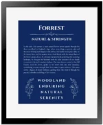 Forrest personalized name print with origin and traits in deep blue with black matte frame