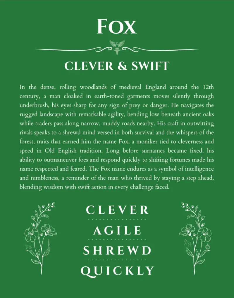 Fox custom name art showing meaning and origin in dark green