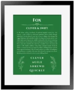 Fox custom name art showing meaning and origin in dark green with black matte frame
