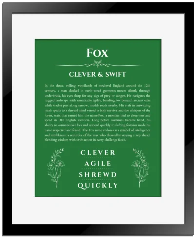 Fox custom name art showing meaning and origin in dark green with black matte frame