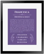 Francesca custom name print for wall display in purple with black matte frame