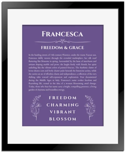 Francesca custom name print for wall display in purple with black matte frame