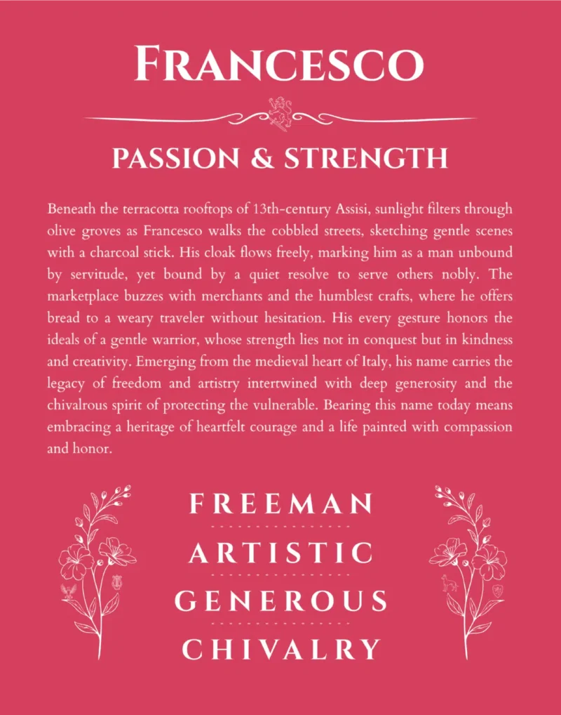 Francesco custom name art showing meaning and origin in red