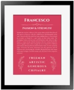 Francesco custom name art showing meaning and origin in red with black matte frame