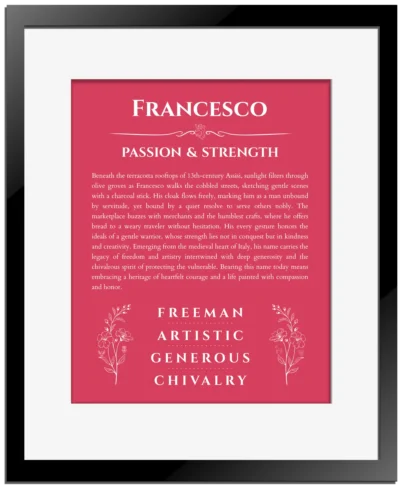 Francesco custom name art showing meaning and origin in red with black matte frame