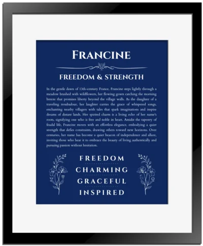 Francine name meaning wall art by Get Your Story in deep blue with black matte frame
