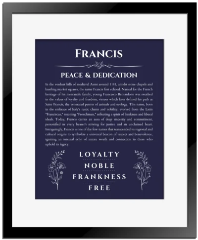 Francis custom name print for wall display in navy blue with black matte frame