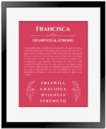 Francisca custom name art showing meaning and origin in red with black matte frame