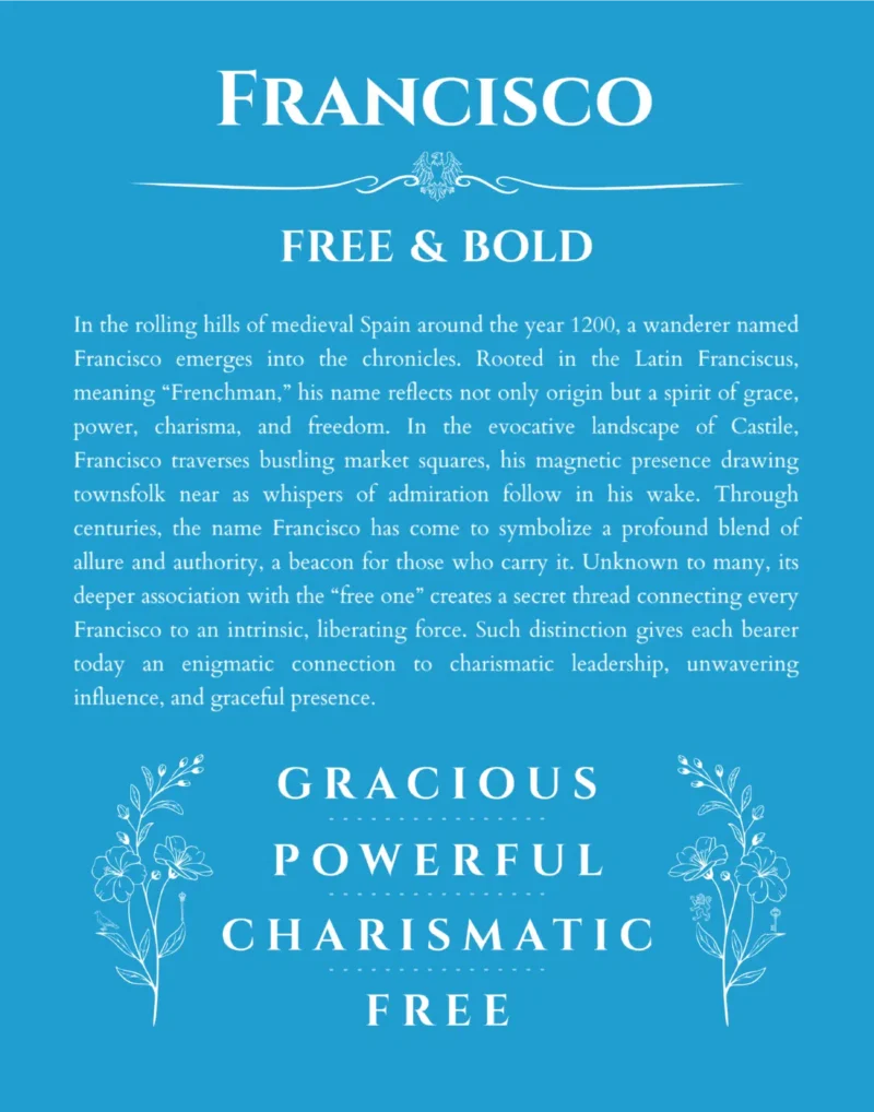Francisco name origin print with meaning and traits in blue