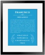 Francisco name origin print with meaning and traits in blue with black matte frame