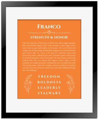 Franco name meaning gift print in orange with black matte frame