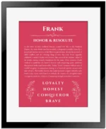 Frank personalized name meaning print in red with black matte frame