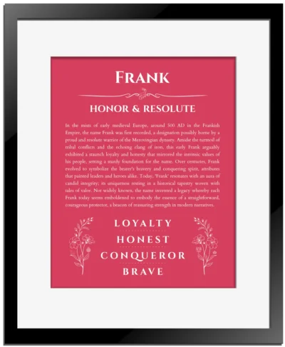 Frank personalized name meaning print in red with black matte frame