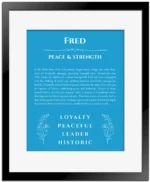 Fred personalized name meaning print in blue with black matte frame