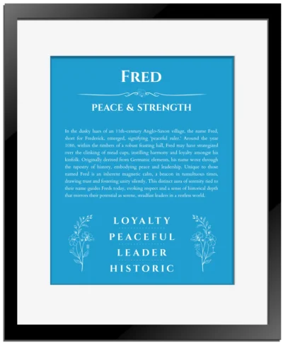Fred personalized name meaning print in blue with black matte frame