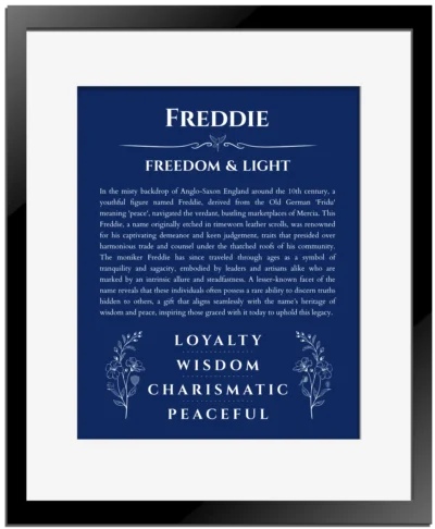 Freddie name meaning wall art by Get Your Story in deep blue with black matte frame