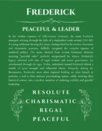 Frederick personalized name print with origin and traits in dark green