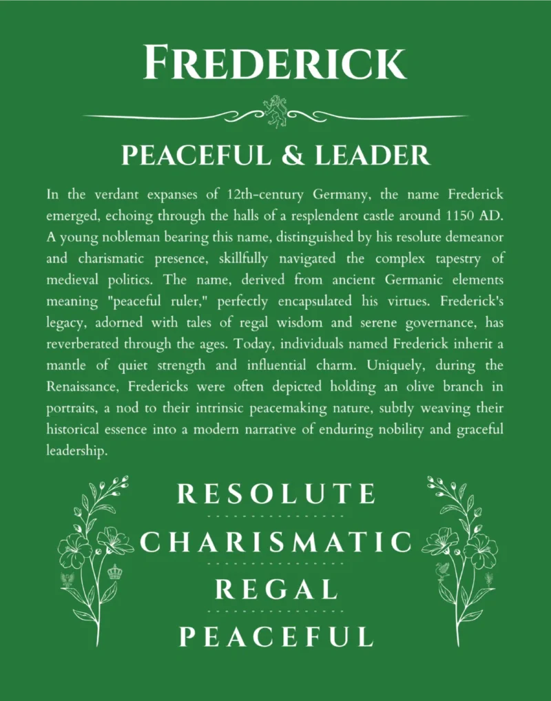 Frederick personalized name print with origin and traits in dark green
