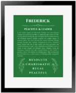 Frederick personalized name print with origin and traits in dark green with black matte frame