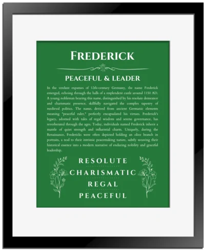 Frederick personalized name print with origin and traits in dark green with black matte frame