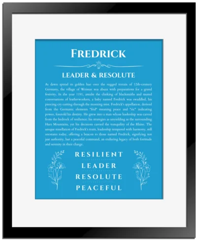 Fredrick personalized wall art with the story of your name in blue with black matte frame