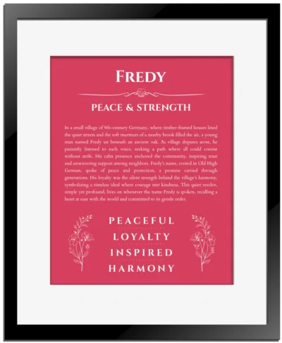 Fredy name meaning wall art by Get Your Story in red with black matte frame