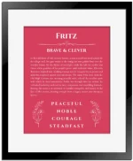 Fritz custom name art showing meaning and origin in red with black matte frame