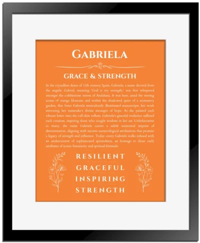 Gabriela custom name meaning print in orange with black matte frame
