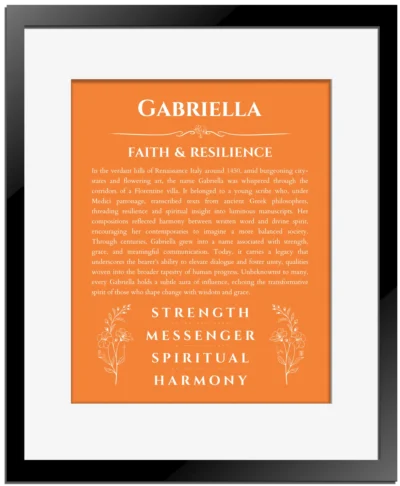 Gabriella personalized name meaning print in orange with black matte frame