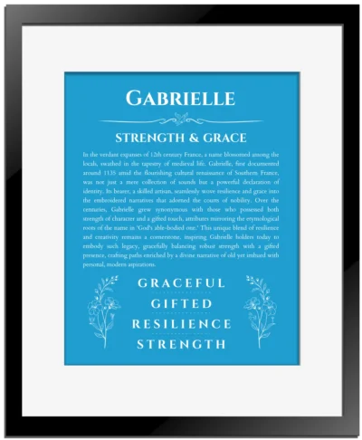 Gabrielle personalized name art with origin story in blue with black matte frame