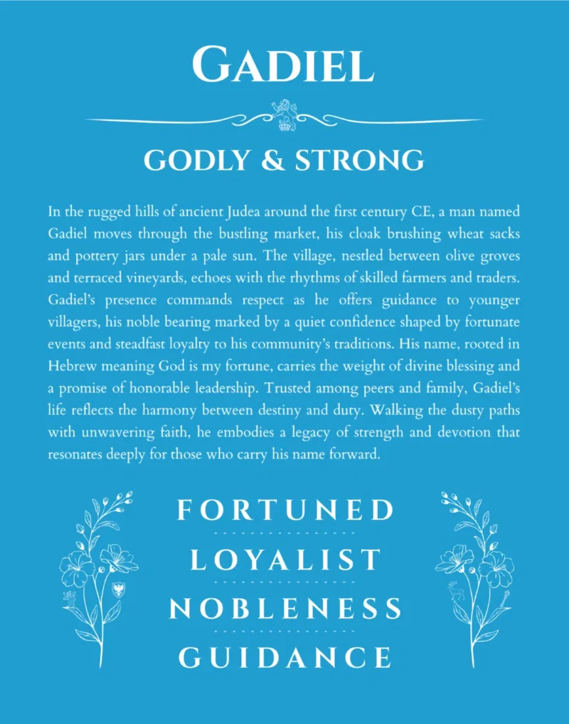 Gadiel custom name art showing meaning and origin in blue
