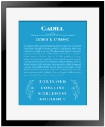 Gadiel custom name art showing meaning and origin in blue with black matte frame