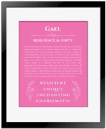 Gael personalized name print with origin and traits in pink with black matte frame