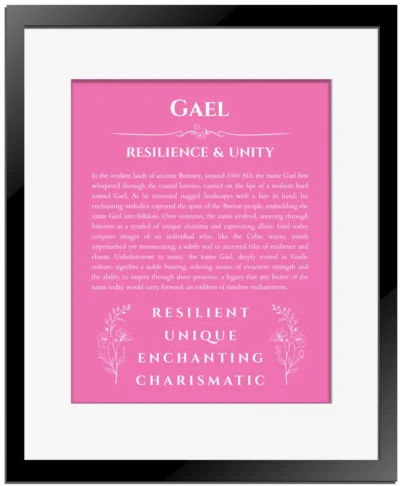 Gael personalized name print with origin and traits in pink with black matte frame