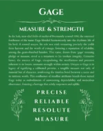 Gage personalized name art with origin story in dark green