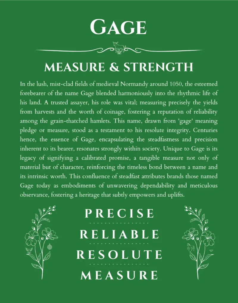 Gage personalized name art with origin story in dark green
