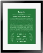 Gage personalized name art with origin story in dark green with black matte frame