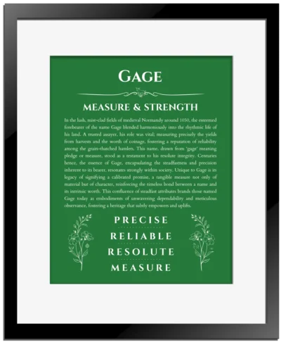 Gage personalized name art with origin story in dark green with black matte frame