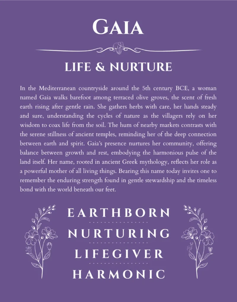 Gaia personalized wall art with the story of your name in purple