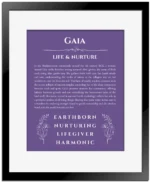 Gaia personalized wall art with the story of your name in purple with black matte frame